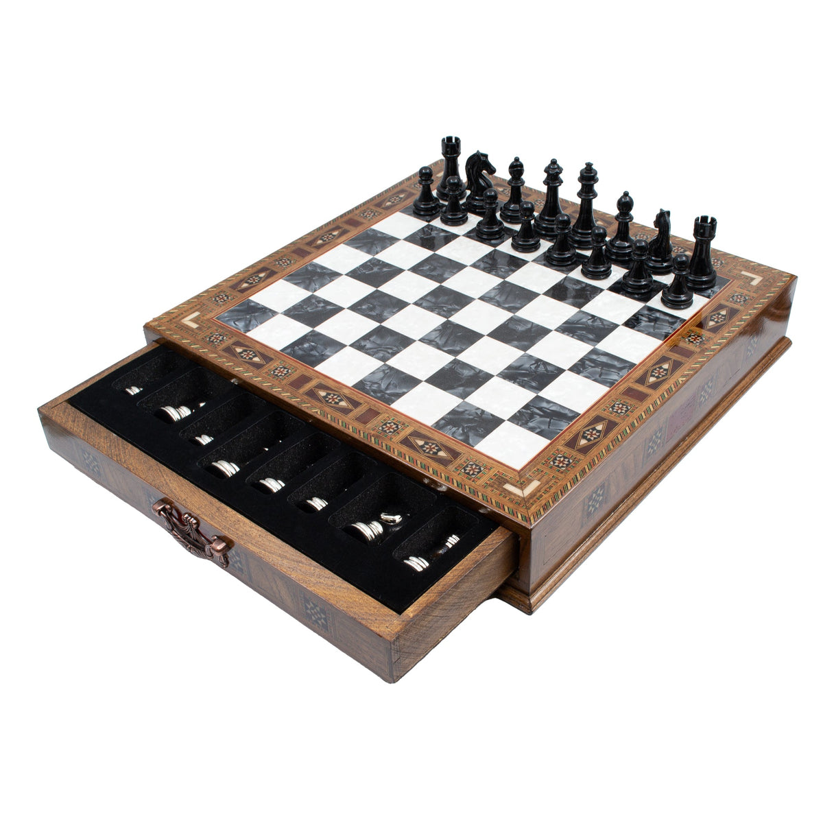 Metal Taşlı Satranç Takımı Mavi, Kişiye Özel, 32/38 cm